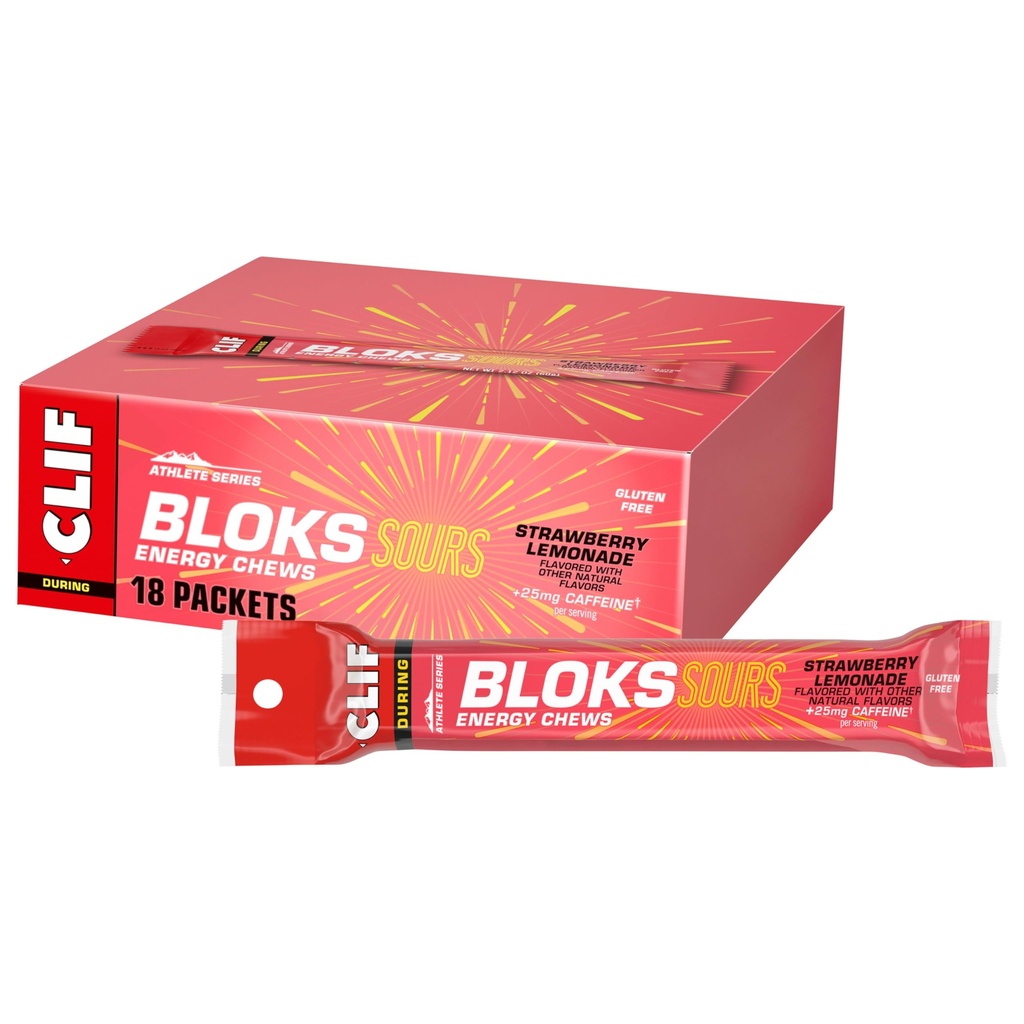 Clif Bloks Sours - Truskawka Lemoniada Flavor z kofeiną - Przeżuwacze energii - Nie-GMO - Roślina Based - Szybkie paliwo dla roweru i biegania - Szybkie węglowodany i elektrolity - 2.12 oz. (18 Count)