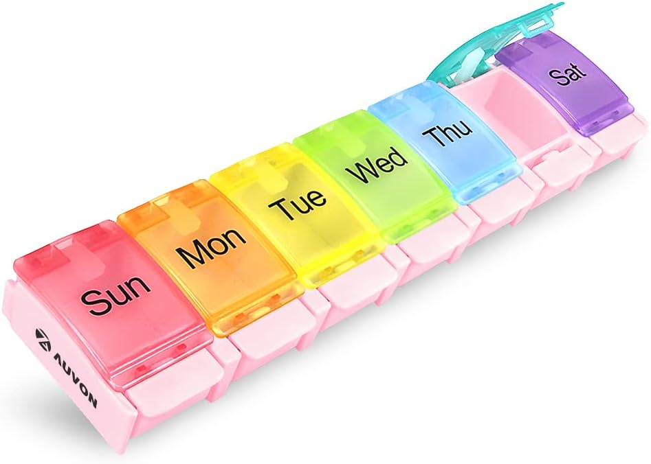 AUVON Cotygodniowy Pill Organizer Artretyzm Przyjazny, BPA Bezpłatne Podróże 7 dzień Pill Box Case z Spring Open Design i duży komplet do trzymania witamin, Cod Liver Oil, Suplementy i Leki