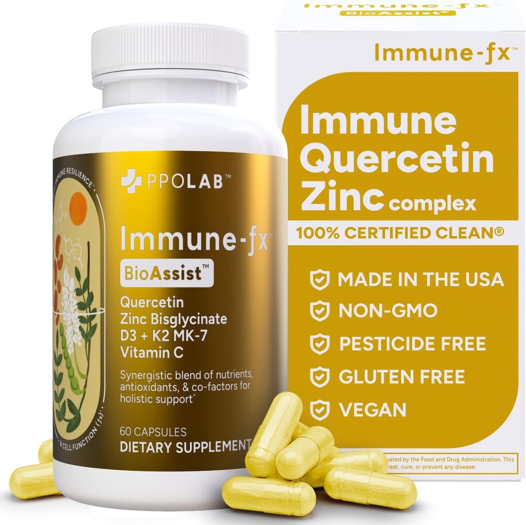 Immune- fx ™ Advanced Cynk Ionophore Immune Support & Allergy Health Supplement, Quercetin 500mg, Witamina przeciwutleniająca C, D3, K2 MK7, Promotes DNA, Serce, Lung, Sinus Health, 60 Kapsułki wegańskie