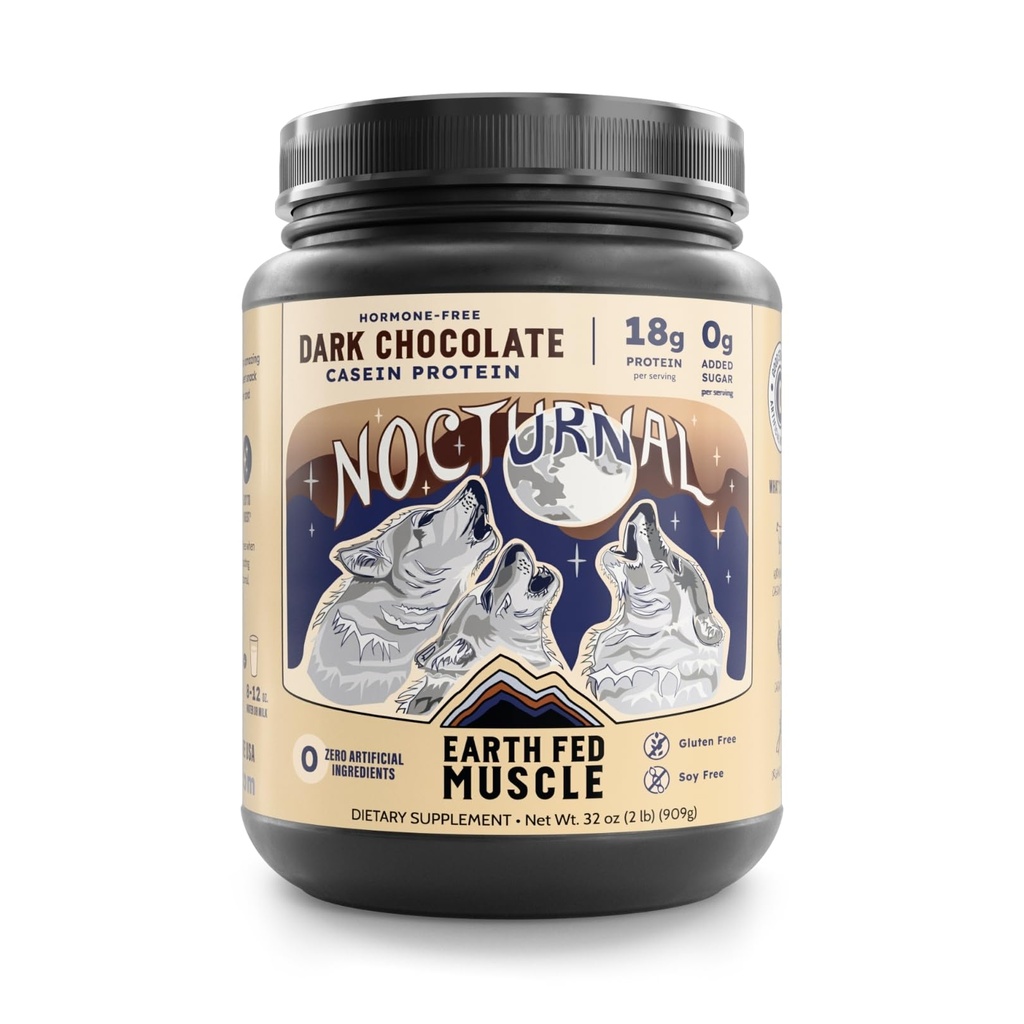 Earth Fed Muscle Nocturnal Casein Protein Powder – Dark Chocolate Protein Powder with Whey Blend – 18g Protein, Sugar Free, Gluten Free – Nighttime Recovery Protein Poweder – 2lb, 23 Servings