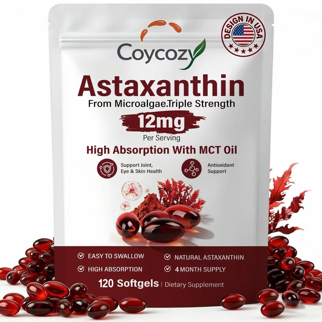 Astaxanthin 12mg Natural 120 Softgels Astaxanthin Supplement Antioxidant Support Eye Skin Health | Internal Circulation,4 Month Supply| Non-GMO,Gluten-Free,No Soy (120)