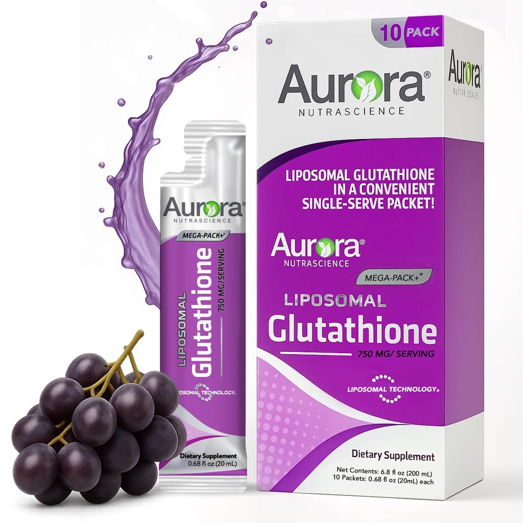 Aurora Nutrascience Mega- Liposomalny ciekły glutation, immunologiczny i przeciwutleniacz Gut Supplement Health Supplement, 750 mg na jedną porcję, Non-GMO, Sugar- Free, 10 Pakiety jednorazowe