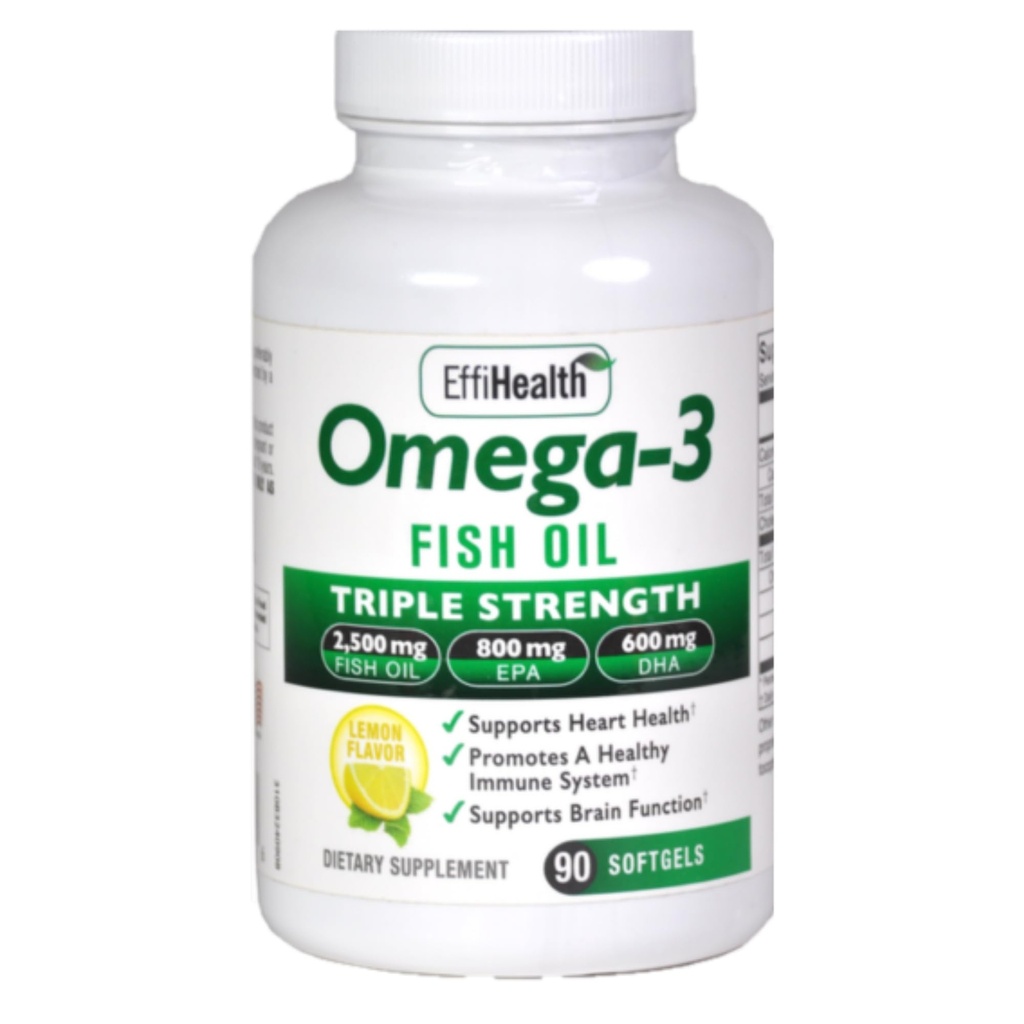 EffiHealth Omega-3 Fish Oil - Triple Force 2500mg Fish Oil, 1200mg EPA, 600mg DHA - Supports Hearth Health, Brain Health and Immune Support - Lemon Flavor, Burpless Fish Oil