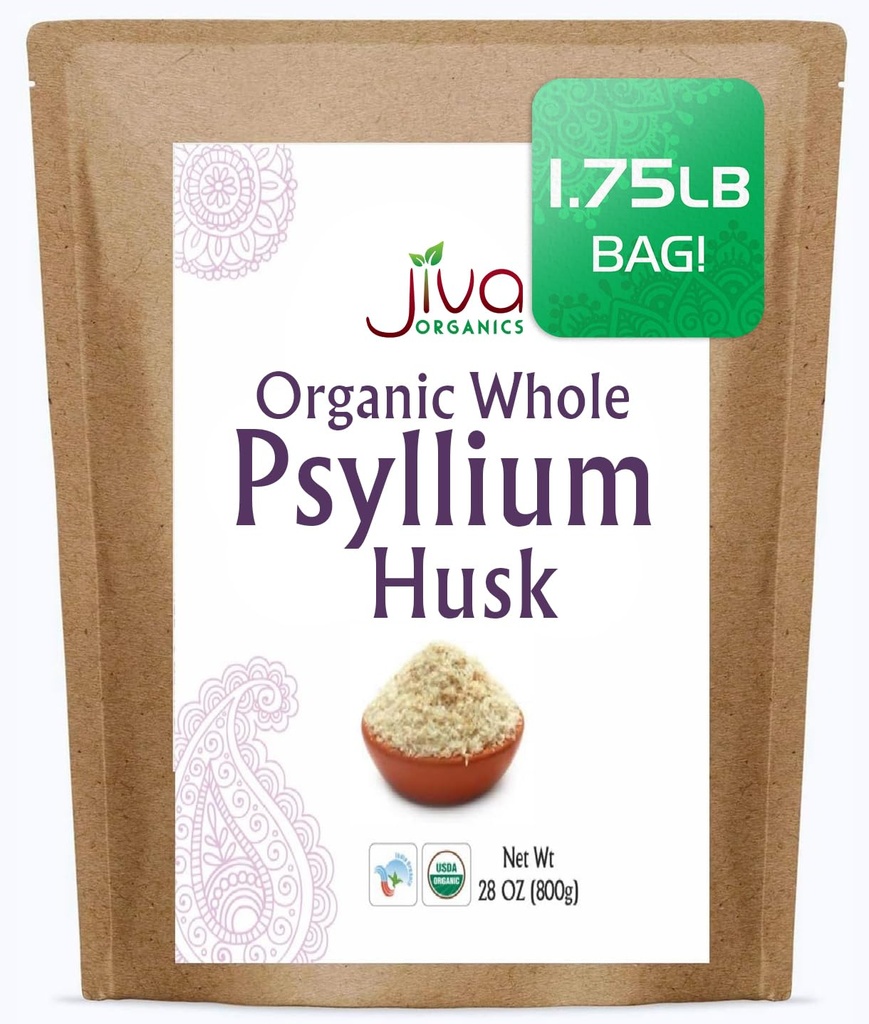 Jiva Organics Whole Psyllium Husk (Isabgol) 1.75 LB (28 Oz) Jumbo Bag - Nie-GMO, Unflavored - Keto Friendly, Solvable Fiber