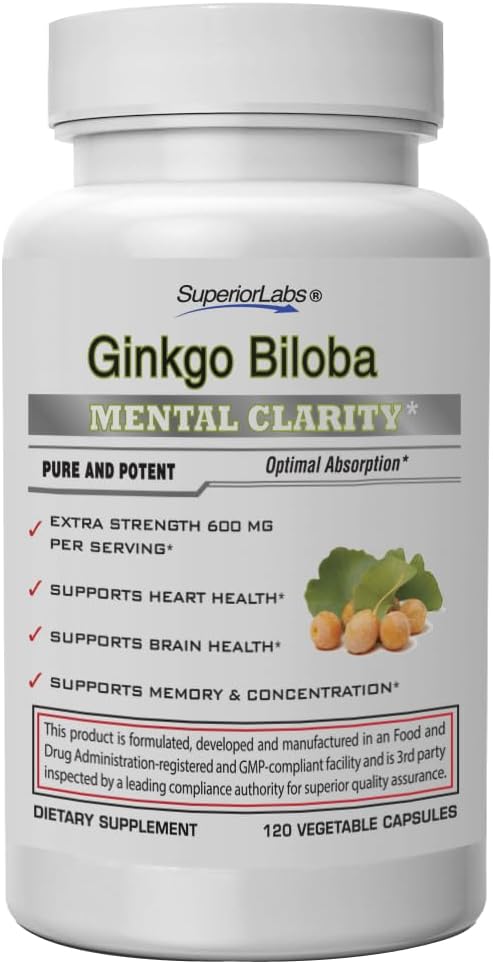 SuperiorLabs Ginkgo Biloba 1200 mg, Non-GMO, Czarny pieprz do zwiększonej absorpcji, Ekstrakt Ginkgo, Poprawia pamięć i ostrość, Booster cyrkulacyjny, Naturalny przeciwutleniacz Nootropowy, 120 Czapki Veg