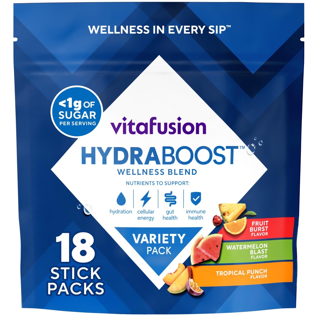 Vitafusion Hydraboost Drink Powder Packets, Electrolytes Support Daily Hydration, Vitamins Support Cellular Energy & Immune Health, Prebiotic Fiber Supports Gut Health, Variety Pack, 18 Sticks