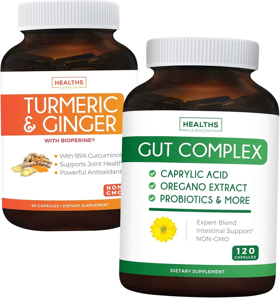 Zaoszczędź 11 dolarów (23% Off) - Gut Balance Bundle - Gut Complex z kwasem kaprylowym dla zbalansowanego Gut Health & Probiotic Support (120 Kapsułki) & Turmeric & Ginger z 95% Kurkuminoidy i Bioperine (90 Kapsułki)