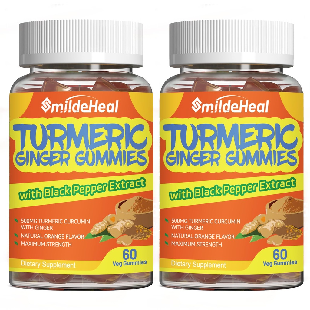 Kurkuminy kurkuminy 500 mg, z ekstraktem z korzeni kurkumy, korzeń imbiru, ekstrakt z papryki czarnej, wsparcie przeciwutleniające, gumki z aromatu pomarańczowego, 60 Count (Pack of 2)
