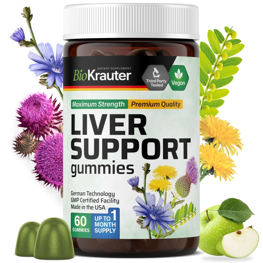 Suplement do wątroby BIO KRAUTER Gumiaki - 60 Żuków wegańskich w / cieście mlecznym, korzeń Dandelion do czyszczenia wątroby i detoks - 80% Silimaryny