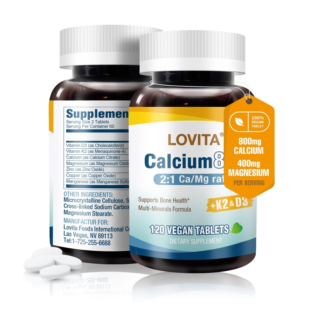 LOVITA Wapnia Citrate 800 mg z Magnezu, Witamina D3 & K2, Siła kości i suplement gęstości dla kobiet i mężczyzn, Wspiera zęby, Zdrowie immunologiczne, Gluten Free, Non-GMO, 120 Wegańskie tabletki