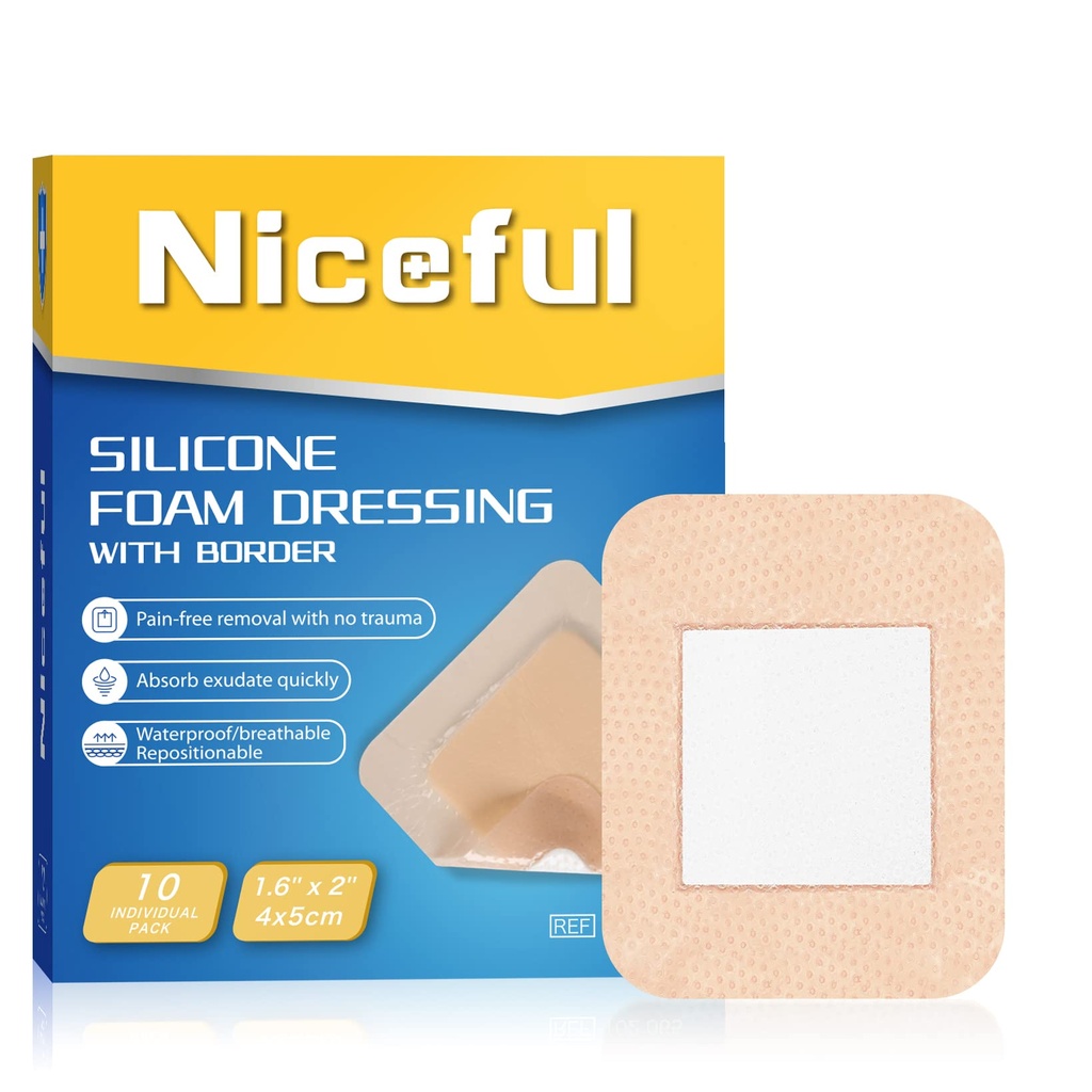 Niceful 10 Count Silicone Foam Dressing 1.6" x 2", Wound Dressing for Minor Surgical Incisions, Abrasions, Absorbent Silicone Bandages for Sensitive Skin, Small Bed Sore Bandages