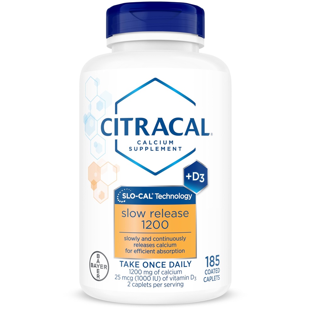 Citracal Slow Release - Wapń 1200 mg z witaminą D3, Magnez, Suplement wapnia, Pomoc dla zdrowia kości, Weź raz dziennie Caplet, 185 Hrabia