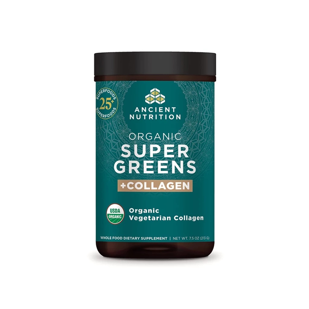 Ancient Nutrition Supergreens Proszek, Organic Superfood Proszek z Collagen, Made from Real Fruits, Warzywa i zioła, do żywienia i wsparcia energetycznego, 25 Słupki, 7.5oz