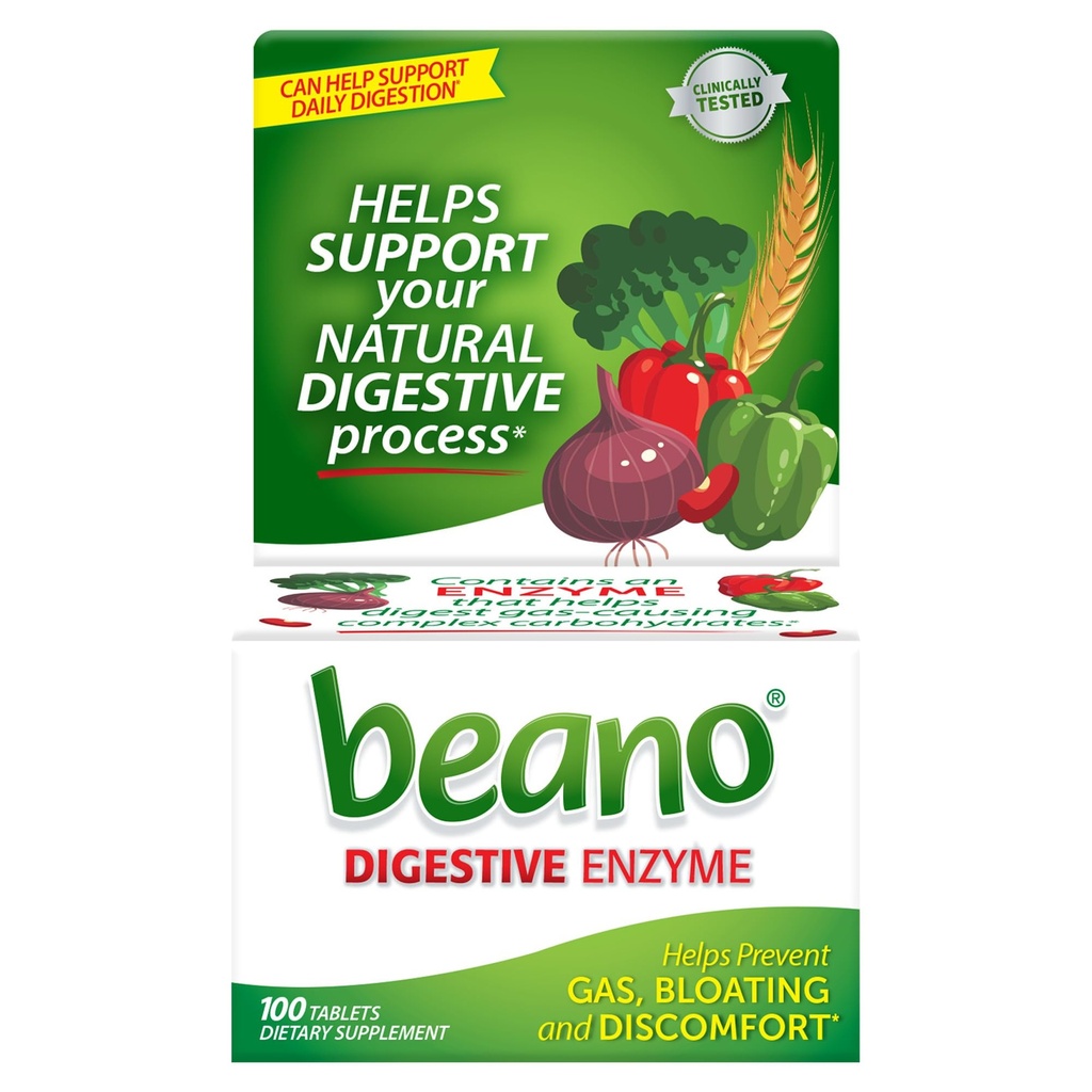 Beano Digestive Enzyme, Prevestive Gas Relief dla dorosłych, Pomaga Zapobiegać Gaz & Bloating, 100 Tabletki