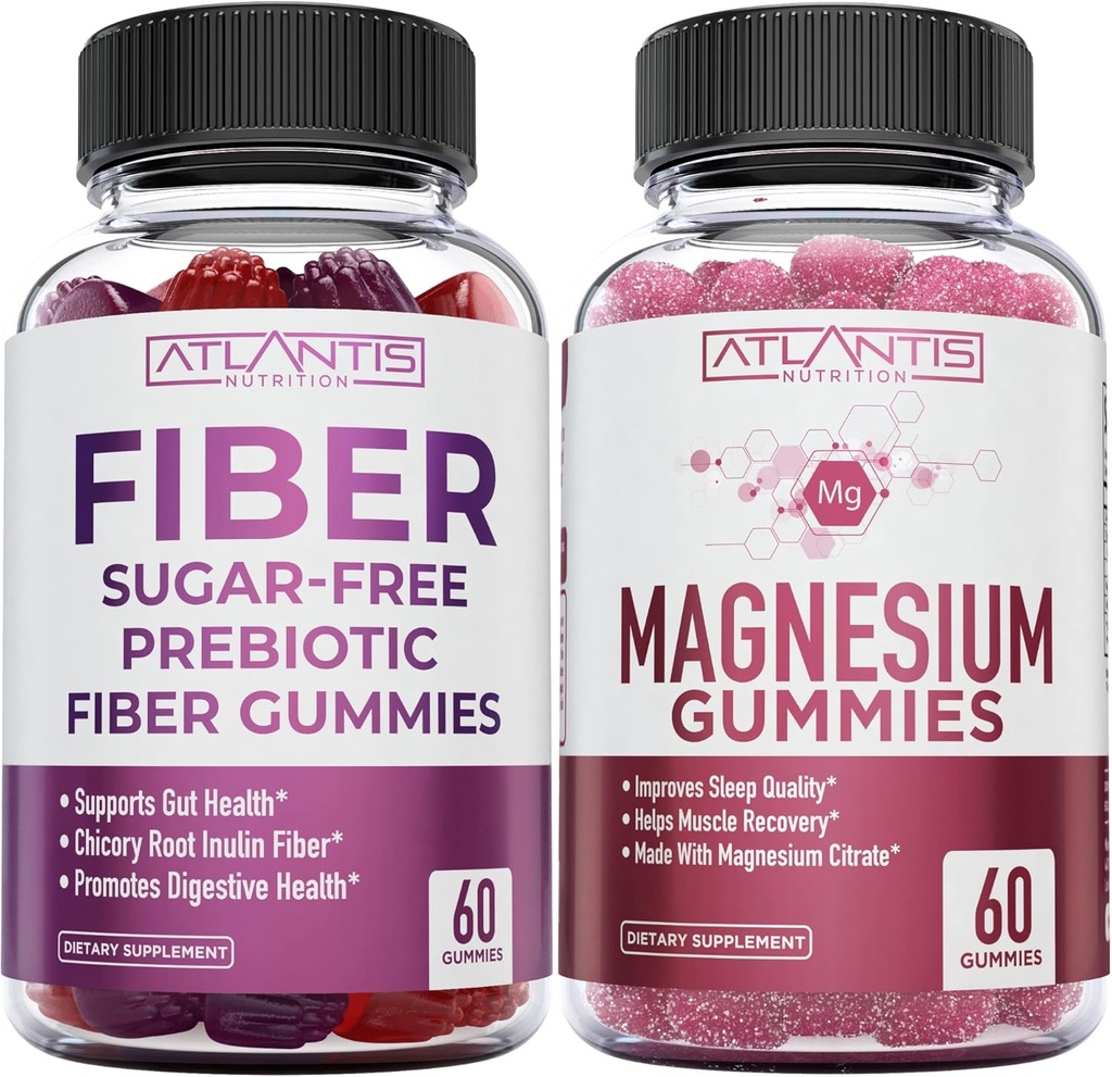 Atlantis Nutrition Sugar Free Prebiotic Fiber Gummies dla dorosłych 2- Pack (120 Gummies) + Magnezu Gummies - 770 MG Magnezu Citrate 60 Gummies