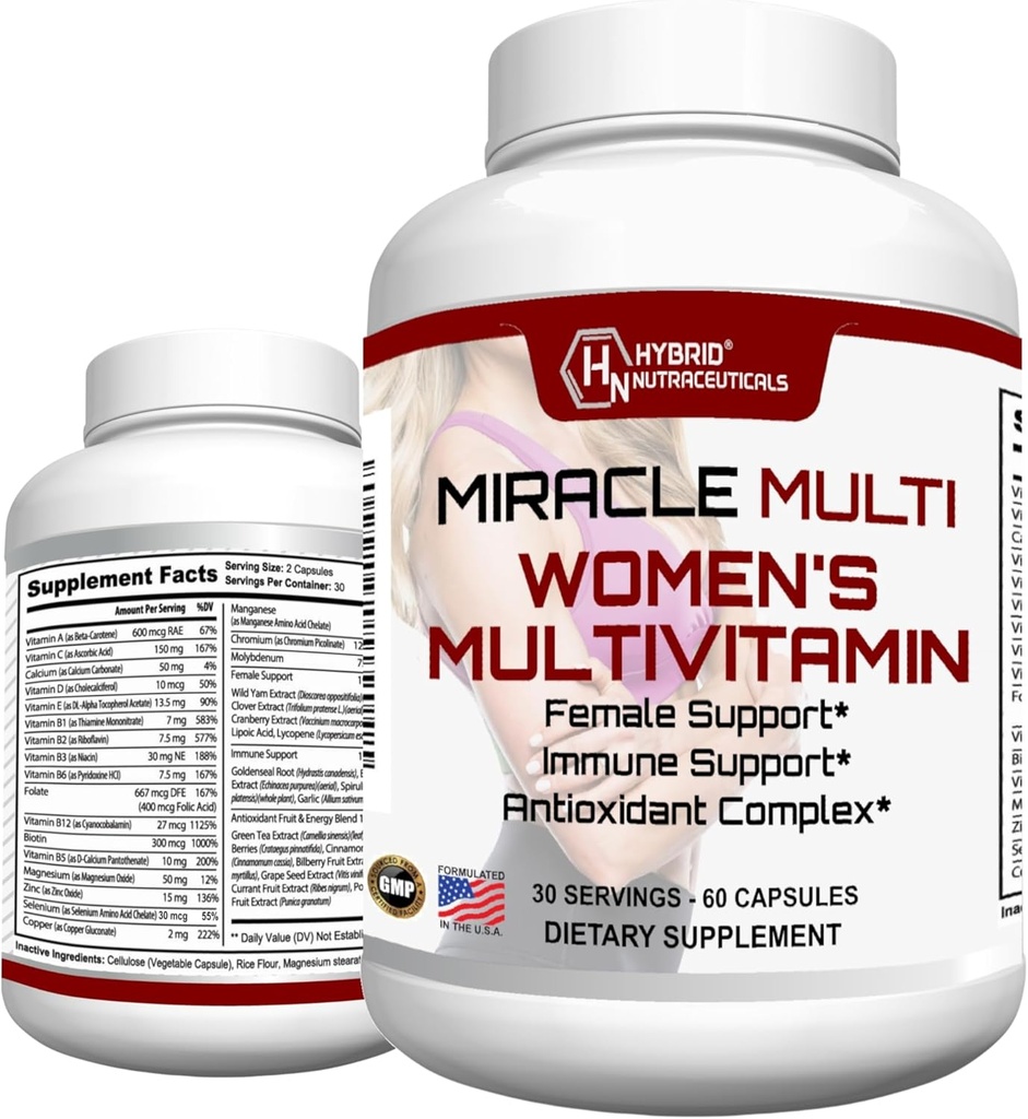 MiracleMulti Multivitamin dla kobiet - Formuła wsparcia kobiet, Wsparcie immunologiczne, Minerały, Biotyna, Przeciwutleniacze i Superfoods Mieszanka - 60 Kapsułki