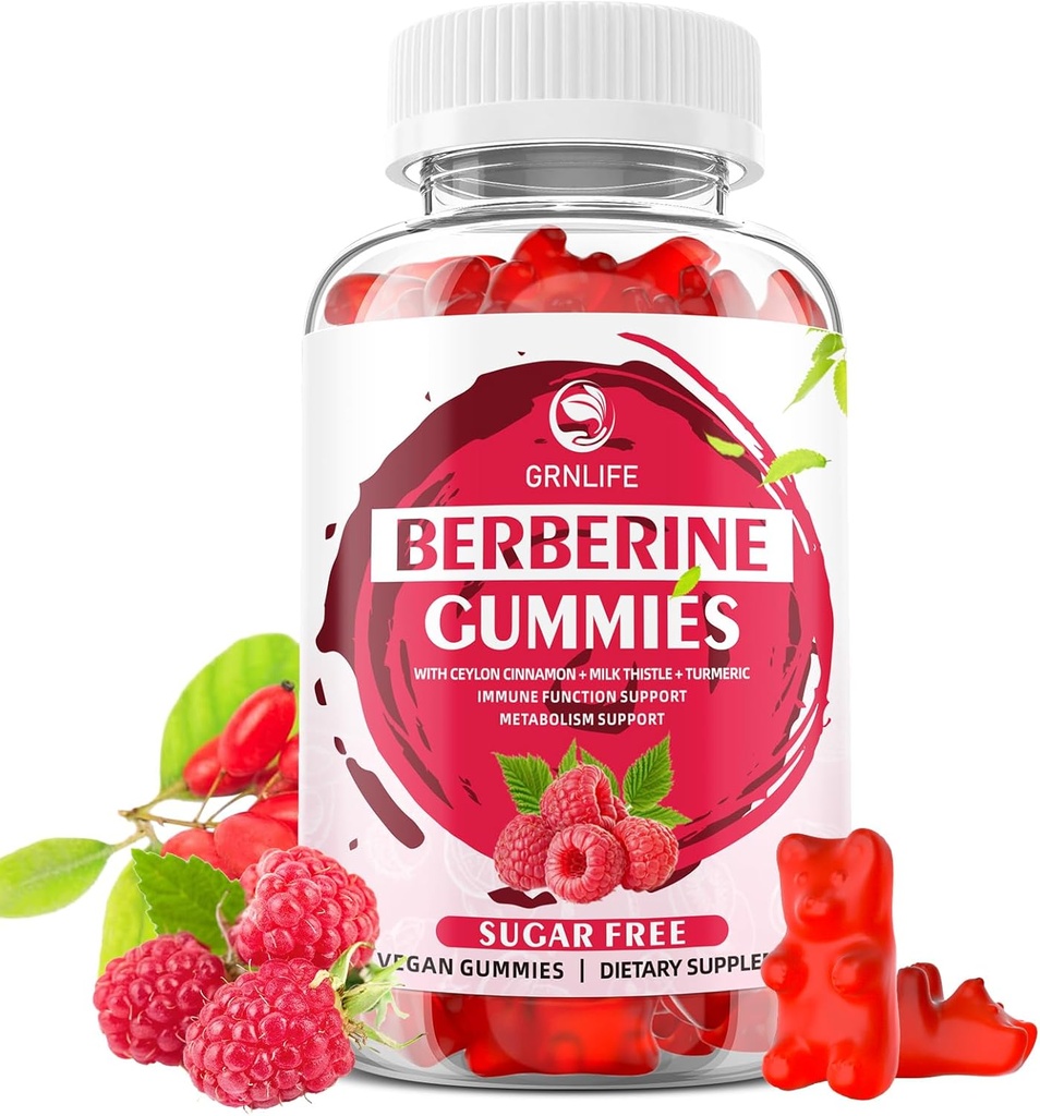Berberyjskie gumki z Ceylon Cynamon 1500mg Wysoka potencja Berberyna HCL Suplement do wsparcia immunologicznego i metabolizmu, Bez cukru, Malina Flavor - 60 Count