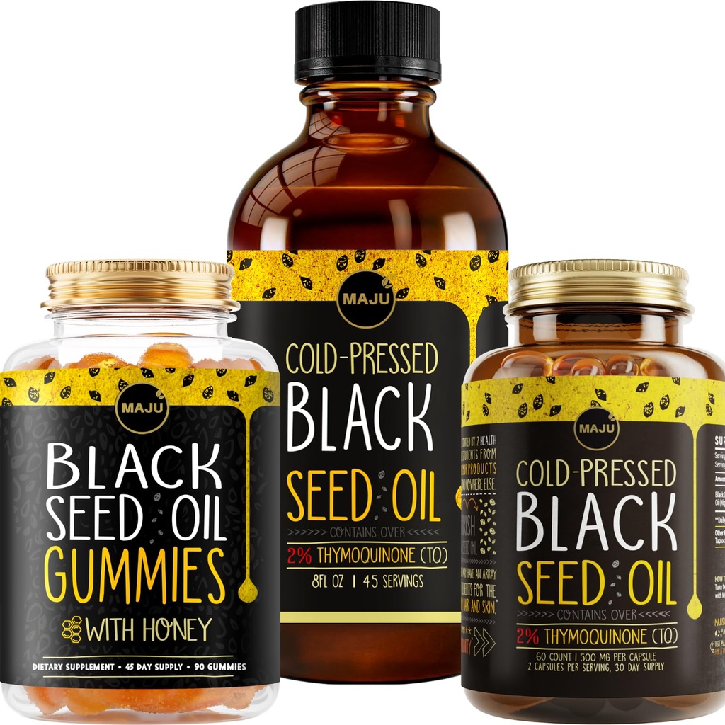 Maju Superfoods Black Seed Oil 3- in-1 Bundle, Gummies, Kapsułki, & Płyn