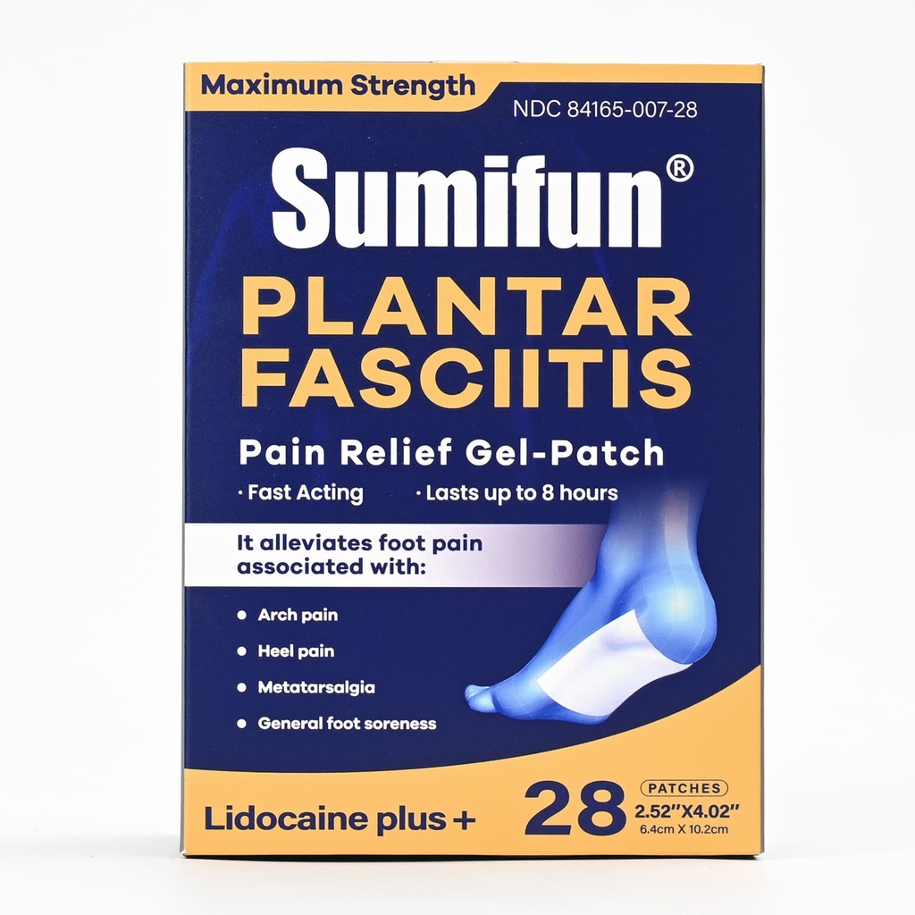 Sumifun Plantar Fasciitis Relief Patches 4% Lidocaine Maximum Strength Pain Patches for Foot Pain, Targeted Relief for Heel & Arch Pain, 8-Hour Comfort, Small 2.52"x4.02" Patch (Small, Count, 28)