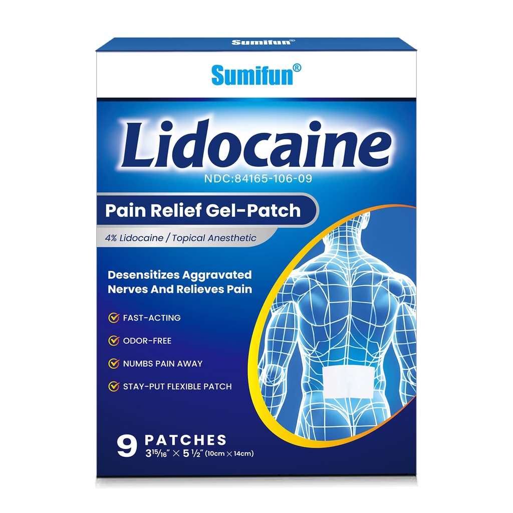 Sumifun Lidocaine Numbing Pain Patches - 9 Counts Maximum OTC Strength Pain Relief for Simple Backache, Muscle Sore, Joint Pain, Sprain, Strain - 5 1/2" X 3 15/16", Fast Acting & Long Lasting 8 Hours