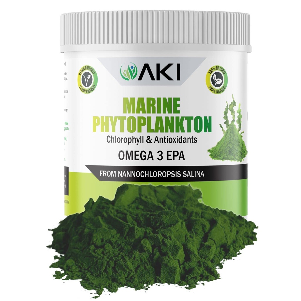 AKI Marine Phytoplankton Powder - Źródło Surowiec Omega- EPA Micro Algae Nannochloropsis - Białka oparte na roślinach, Witaminy dla ogólnego Wellness - Kompletne źródło białka, Vegan & GMO Free (2oz / 57g)
