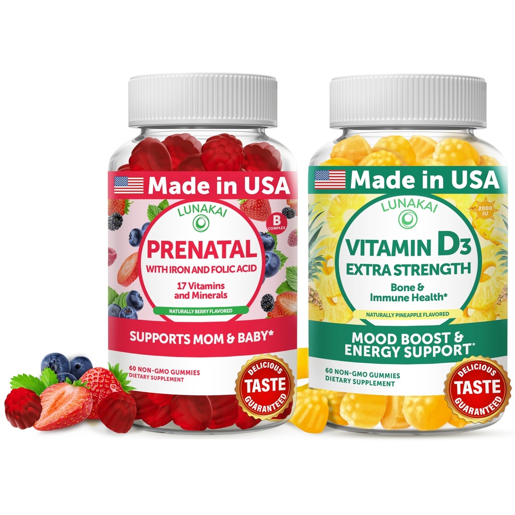 Lunakai Prenatal i witaminy D3 Gummes Bundle - ciąża Multivitamin Gummy z żelaza i kwasu foliowego - Odporność, kości i nastrojów Suplement dla dorosłych - 30 Days Supply