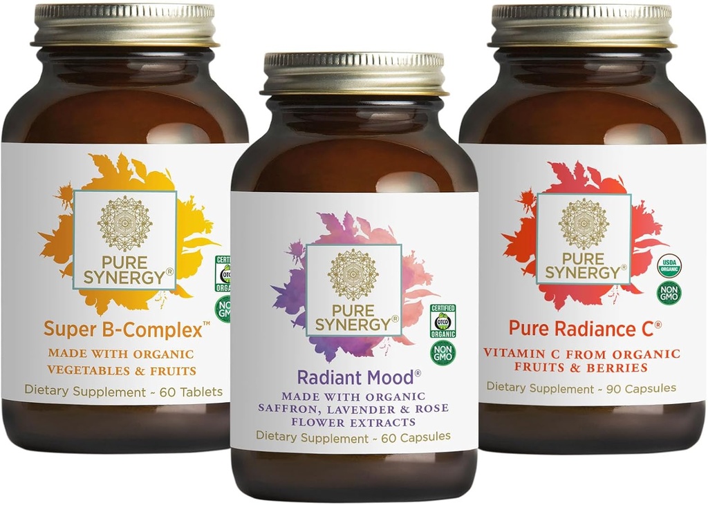 PURE SYNERGY Mood and Adrener Support Bundle Bird124; Mood Support Supplement with Organic Saffron Extract Bird124; USDA Organic Witamina C Bird124; Witamina B Complex Made with Whole Foods Bird124; Non-GMO and Vegan