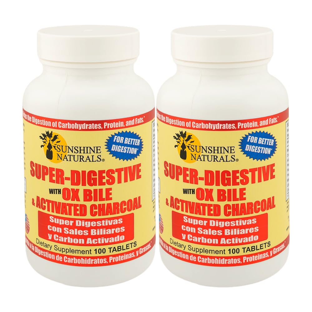 Sunshine Naturals Super suplement diety. Ox Bile & Aktywowany Węgiel Węgla do Poparcia Digestive, Bloating Relief, Gut Cleanse, Wchłanianie składników odżywczych, i ogólne Wellness. 100 tabletek. Opakowanie zawierające 2