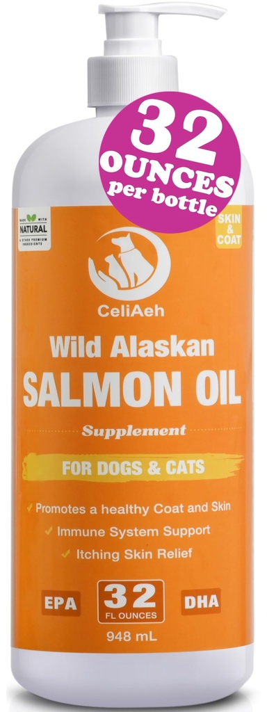 Wild Salmon Oil for Dogs & Cats 32oz Omega 3 Fish Oil Skin & Coat Supplement Pure Fish Omega 3 6 9 Liquid EPA DHA Fatty Acids - Itchy Relief Supports Joint Function, Brain, Eye, Immune & Heart Health