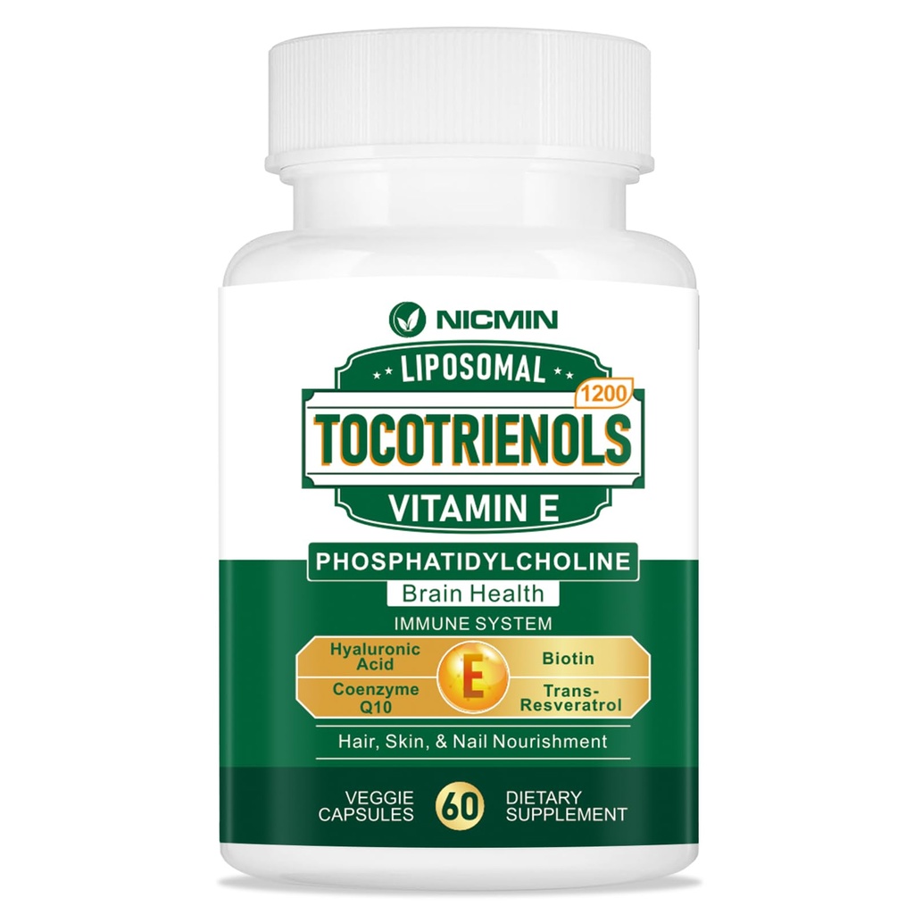 1200MG Witamina E Tokotrienole Liposomalne Tokotrienole Suplement z fosfatydylocholiną, 95% Delta- tokotrienole i 5% Gamma- tokotrienole, Wysoka absorpcja dla serca, Funkcja mózgu 60 Kapsułki