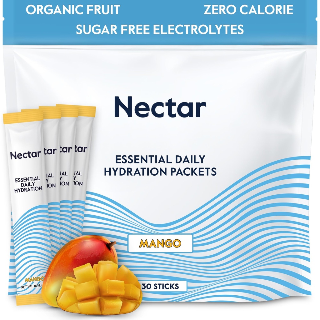 Pakiety nawodnienia nektaru - Pakiety proszku elektrolitów - Wolne od cukru & 0 Calorie - Płynne owoce organiczne codziennie IV Proszek do odwodnienia Ulgi i szybkiego nawadniania (Mango 30 Pack)