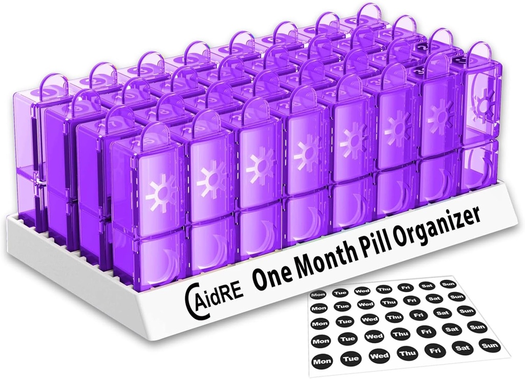 Monthly Pill Organizer 31 Day PM - Miesięczny Pill Case for Medications, Vitamin & Supplements - Easy Open Daily Pill Box Organizator, 2 razy dziennie Pill Dispenser, Purpurowy