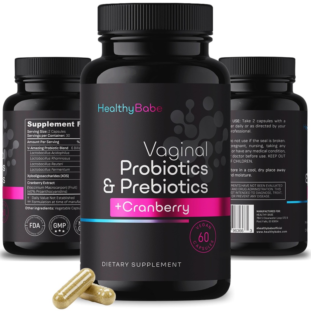 Zdrowe Babe Probiotyki Waginalne dla kobiet + Prebiotyki i Pigułki żurawinowe, pH Równowaga, Zdrowy zapach, Yeast, Wsparcie immunologiczne, Pozytywne Mikrobiomy Zdrowie, Acidophilus Probiotic kobiet, 60 Kapsułki wegańskie