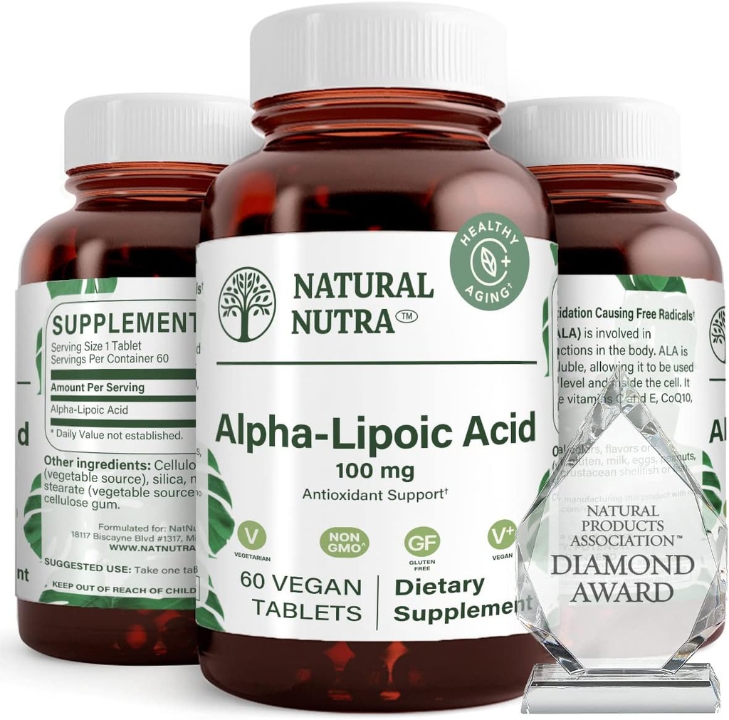 Natural Nutra R- Alpha Lipoic Acid, Poprawa zdrowia kości i serca, Wzmocnienie funkcji pamięci, Poprawa funkcji Nerve przyczynia się do ogólnego zdrowia, Gluten Free 100 mg, 60 Wegańskie i Wegetariańskie tabletki.