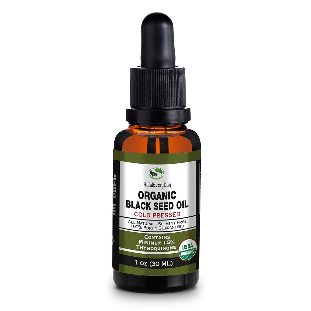 Organic Black Seed Oil - USDA Certified Cold Pressed Glass Bottle Over 1.5% Thymoquinone 3X wytrzymałość Turecki Czarny Kmin Nigella Sativa non-GMO 100% Czysty olejek Blackseed (1oz szkło kroplomierzem butelki)