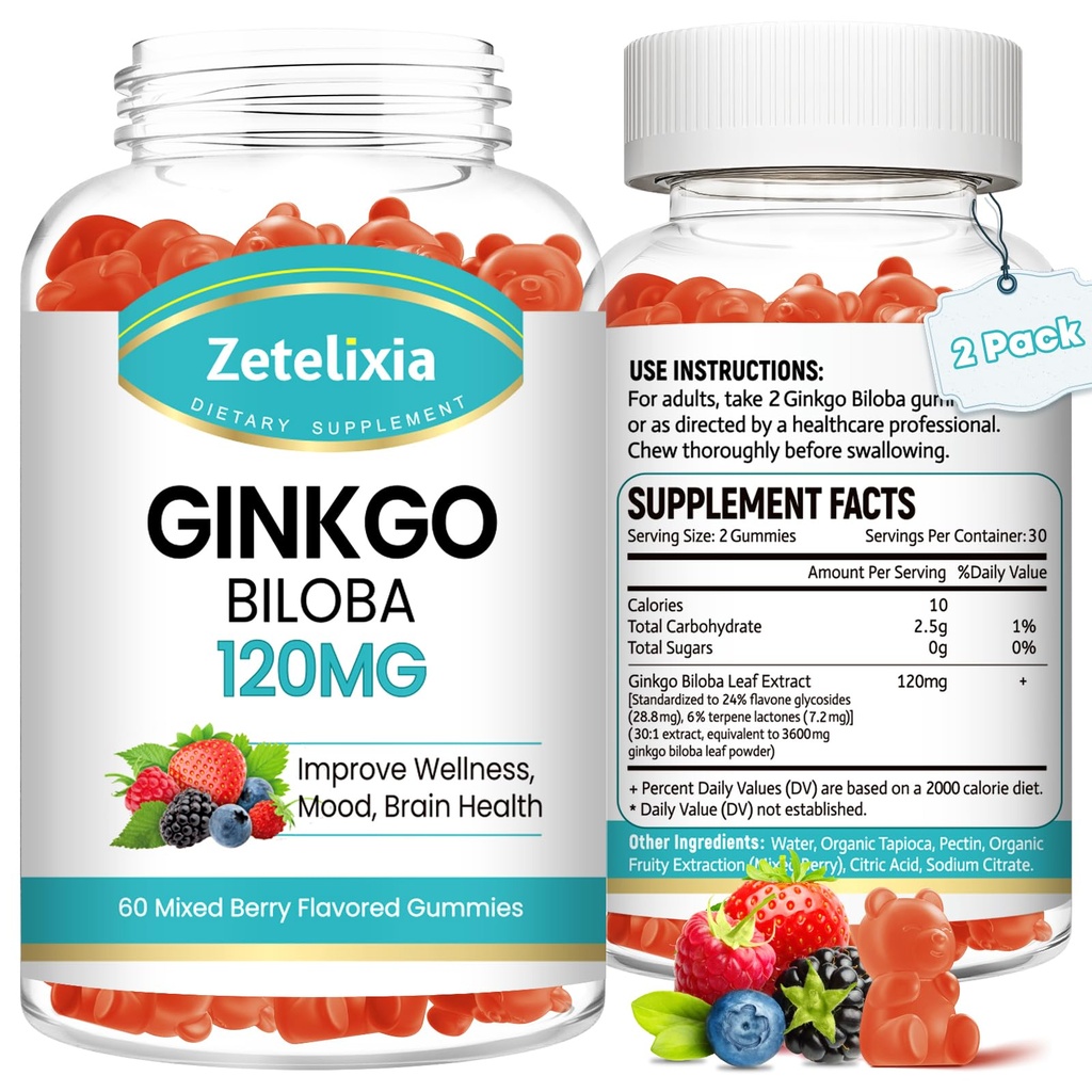2 Pack Ginkgo Biloba Gummies dla kobiet i mężczyzn, Suplement mózgu poprawić lepszy nastrój i skupienie, Wegan mieszany Berry Flavor 120 Count