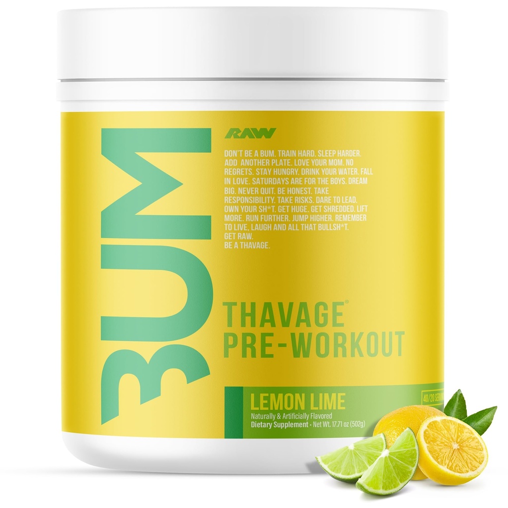 RAW Preworkout Powder, Thavage (Lemon Lime) - Chris Bumstead Sports Nutrition Supplement for Men & Women - Cbum Pre Workout for Working Out, Hydration, Mental Focus & Energy - 40 Servings