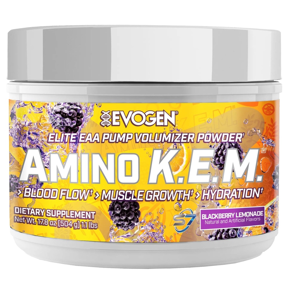 Evogen Amino K.E.M. - EAA & BCAA Pompa proszkowa Glumizer 124; BCAAs Amino Acids Supplement for Blood Flow, Muscle Growth, & Hydration About 124; BlackBerry Lemonade 124; 30 Służenie