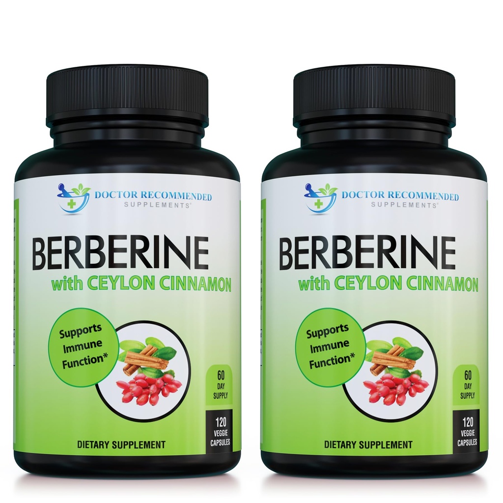 Berberine z Ceylon Cynamon - 1200mg Berberine & 100mg Organic Ceylon Cynamon - 120 Kapsułek wegetariańskich, Zdrowy system immunologiczny Serce sercowo-naczyniowe i Wellness żołądka i jelit (opakowanie 2)