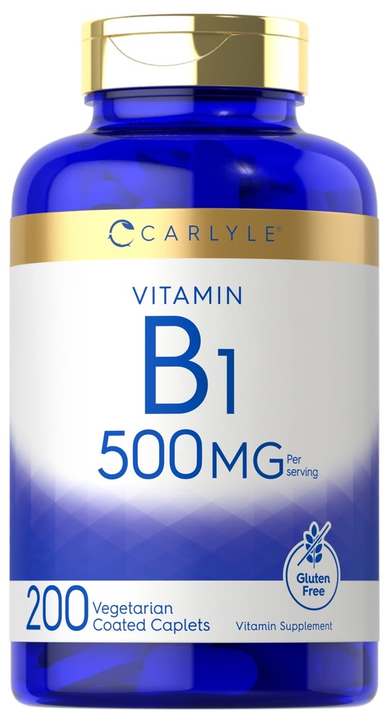 Carlyle Witamina B1 500mg (Tiamina) 124; 200 Kaplety wegetariańskie 124; Nie-GMO i gluten suplement wolny