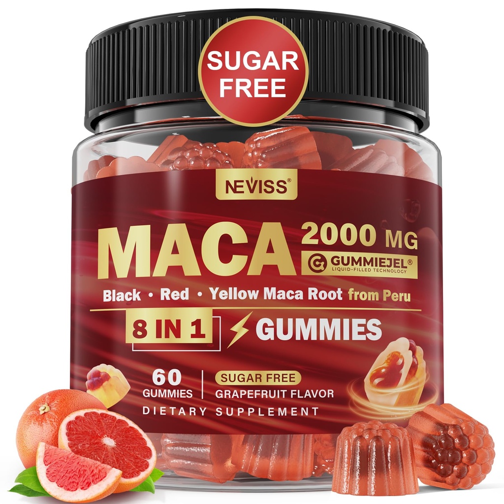Maca Root Filed Gummies 2000mg dla kobiet Mężczyźni 124; Cukier wolny 124; Organic Black, Red, Yellow Maca Root Supplement Gummy Chews z Ashwagandha Ginseng & Zinc 124; Wegan, Non-GMO, Grapefruit Flavor, 60 Count