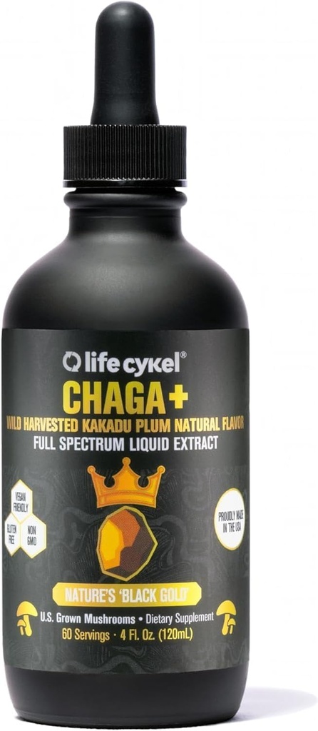 Life Cykel - Ekstrakt z Mushroom Chaga ze śliwką Kakadu - Podwójne ekstrahowane Mushroom Tincture - Suplement immunologicznego wsparcia dla dorosłych i dzieci - 4 Fl Oz