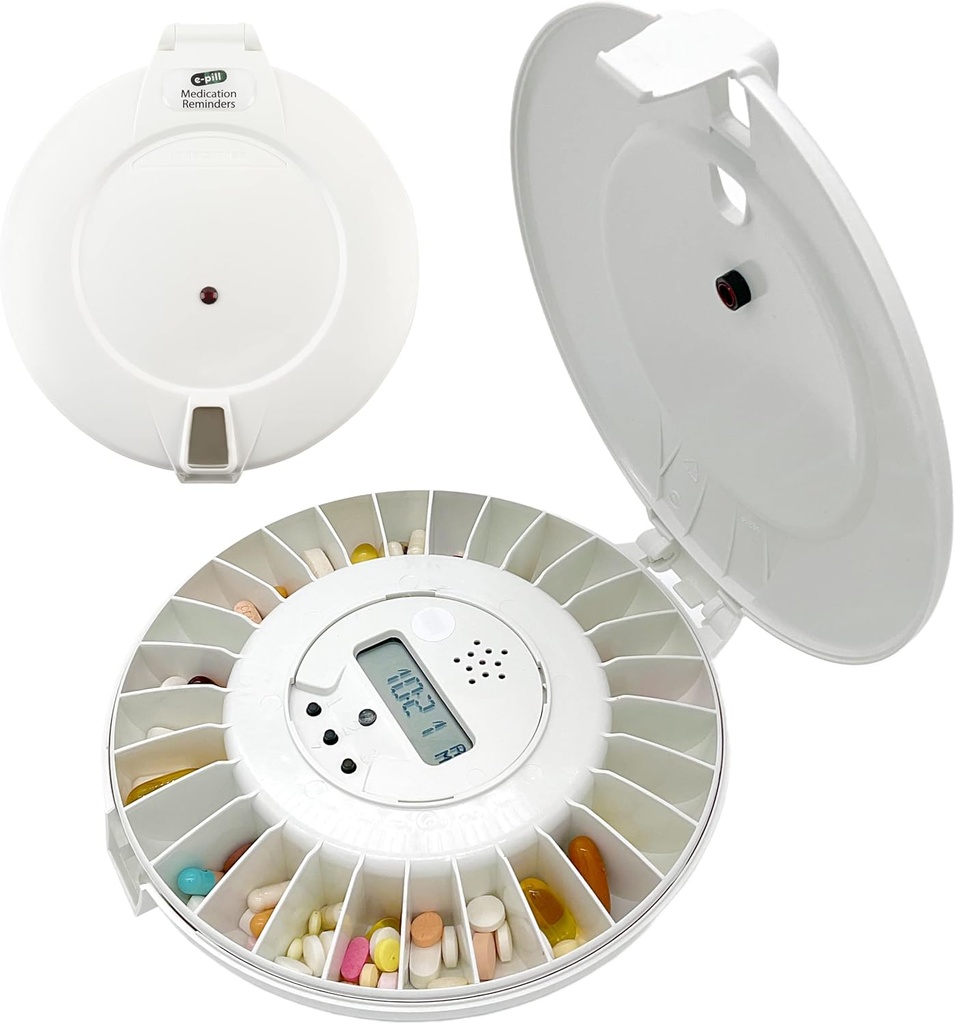 e- Pill MedTime Zablokowany automatyczny dozownik - Bezpieczny, easy- to- Use Medication Organizator z 24 Daily Alarms - Idealny dla seniorów, Demension, i Alzheimer 's Care - White Lid