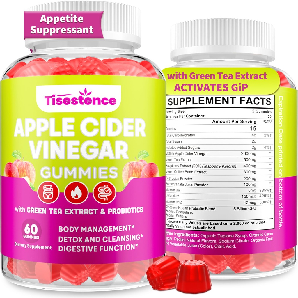 Appetite Suppressant Supplement DEVE 124; Wspiera GLP-1 Function DEVE 124; Jabłko cydr Gummies z ekstraktem zielonej herbaty, Probiotyk dla spalacza tłuszczu, Detox Cleanse, Metabolizm, Energia i zdrowie pokarmowe, 60 Gummies