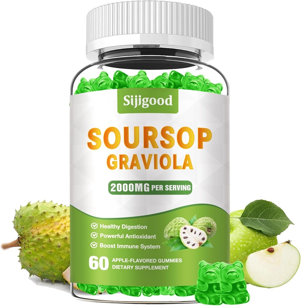 Sugar Free Soursop Graviola Gummies - Organic Soursop Leaves & Fruit Extract - Digestive Aid, Immune Support & Antioksydant Properties - 60 Apple Flavored Gummies