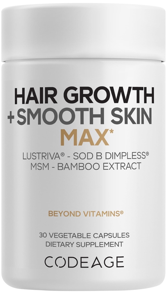 Codeage Hair Growth + Smooth Skin Max Vitamins Supplement - Patented Lustriva & SOD B Dimpless Superoxide Dismutase - Hair Growth Health Skin Cellulite Support - Biotin, Vitamin C, MSM - 30 Capsules