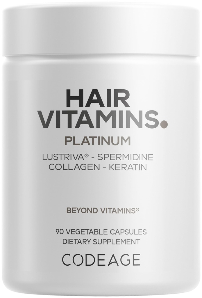 Codeage Hair Vitamins Platinum - Lustriva Hair Growth Support, Spermidine, AstraGin, Biotin, Keratin, Collagen, Enzymes, Omega-3, Multivitamins, Probiotics – Healthy Hair Supplement - 90 Capsules