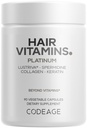 Codeage Hair Vitamins Platinum - Lustriva Hair Growth Support, Spermidine, AstraGin, Biotin, Keratin, Collagen, Enzymes, Omega-3, Multivitamins, Probiotics – Healthy Hair Supplement - 90 Capsules