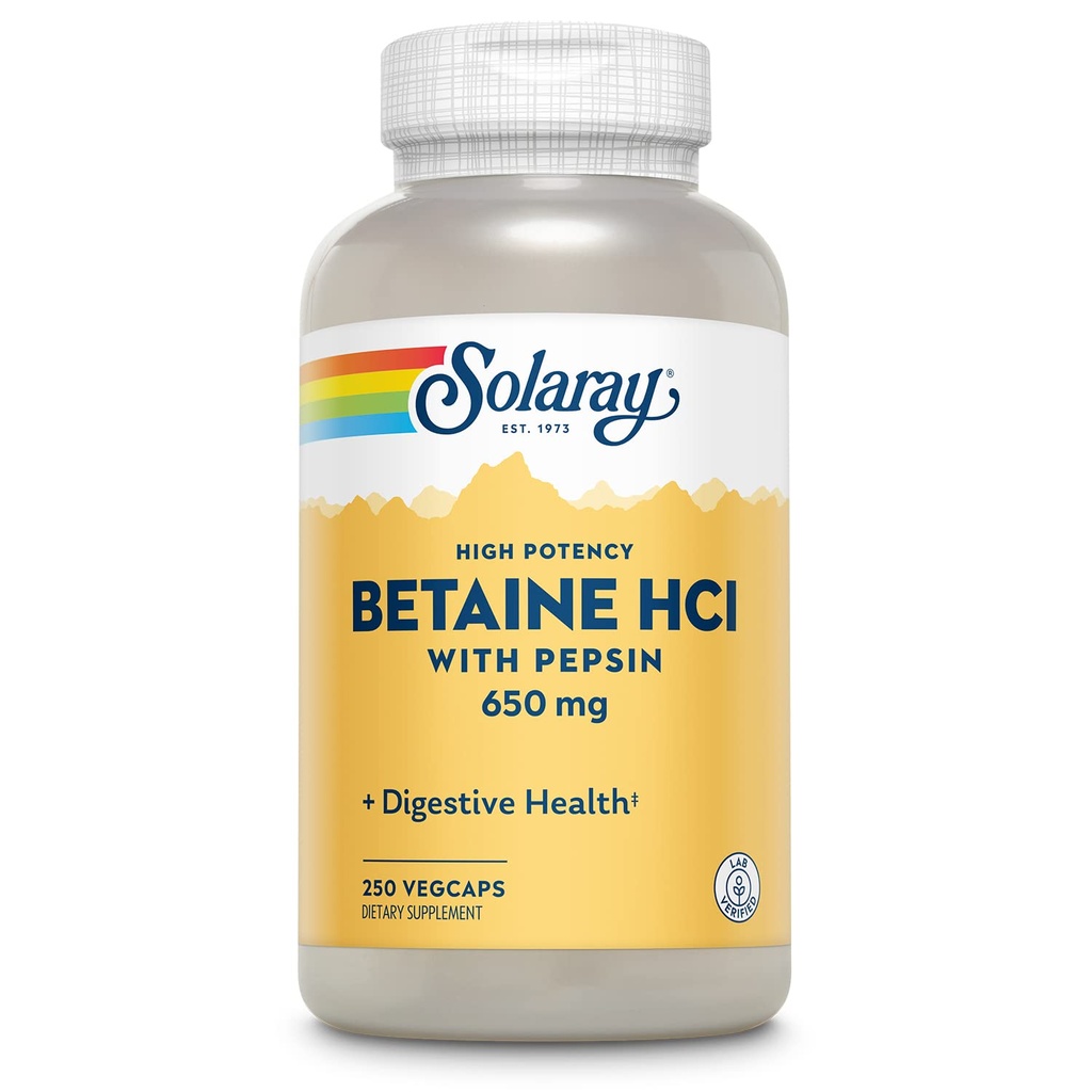 Solaray High Potency HCL Betaine z pepsyną - suplement kwasu solnego dla zdrowia pokarmowego - z Betaine Hydrochloride i Enzymy trawienne - Gut Health Support - 60- Day Guarantee, 250 VegeCaps