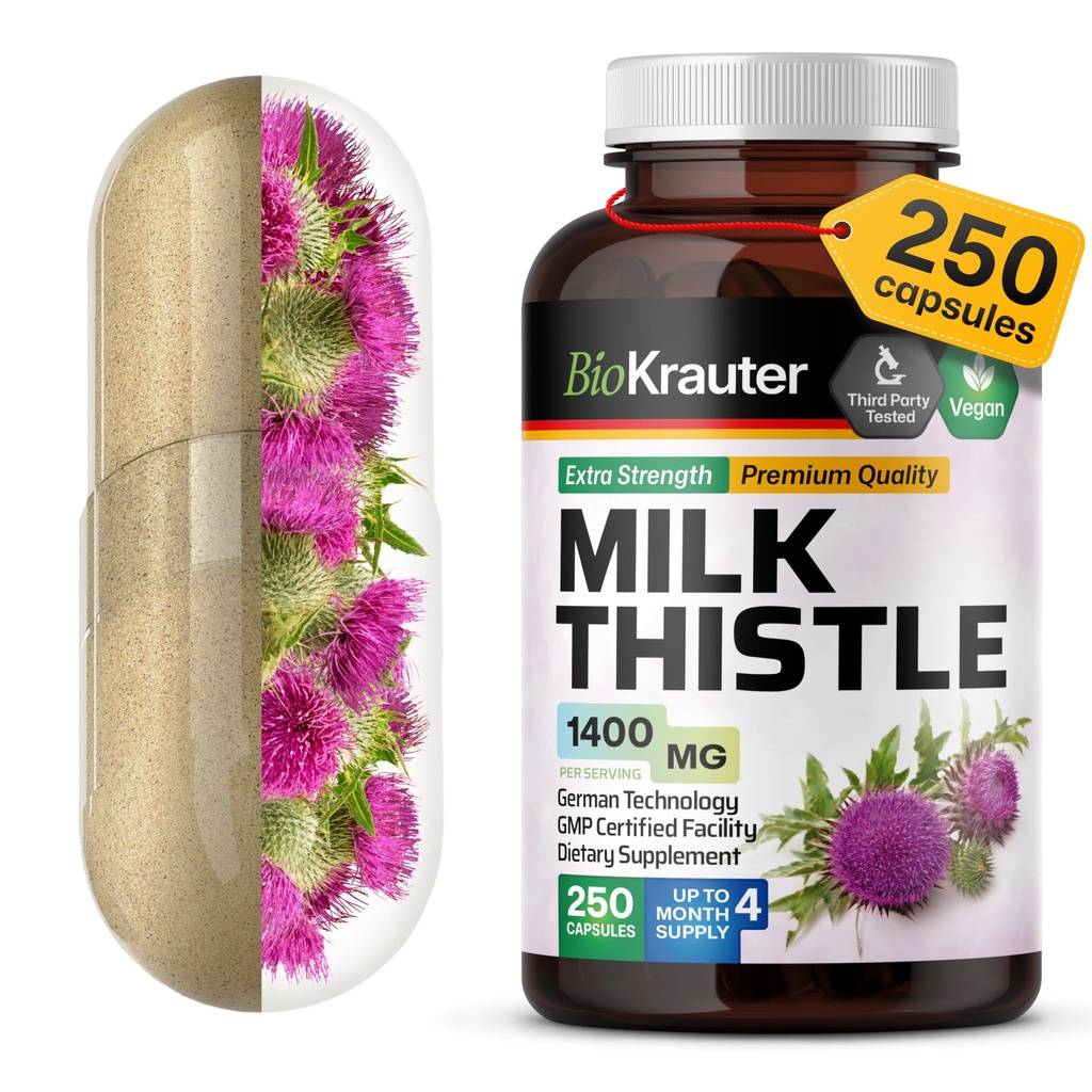 BIO KRAUTER ® Suplement do Thistle mleka do czyszczenia wątroby i detox - Wyciąg z czystego mleka wegetariańskiego 1400 mg na serwowanie franków Silymarin - 250 kapsułek, 125 Dni zaopatrzenia, Non-GMO